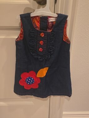 Girls' Denim Tank Dress with Red Flower and Yellow Leaf